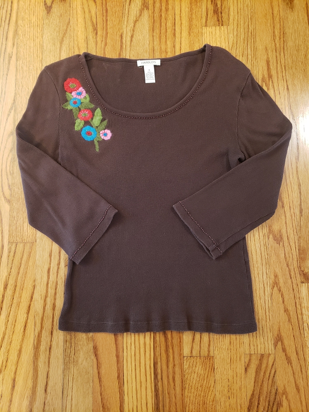 Harold's Chocolate Brown Ribbed 3/4-Sleeve Top w/ Floral Shoulder Embroidery:  M